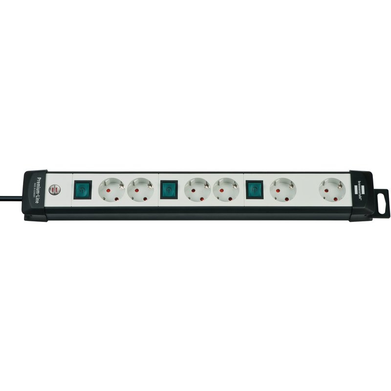 Base de tomas múltiples Premium-Line Technics con varios interruptores y disposición especial de los enchufes Brennenstuhl