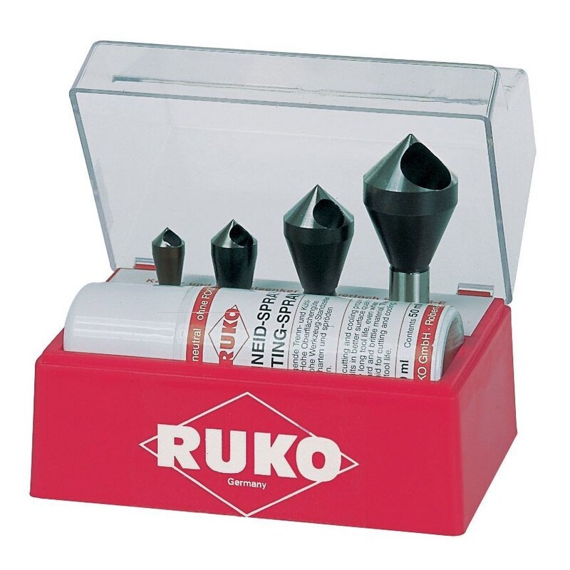 Juego de 4 avellanadores ranurados HSSE-Co 5 y spray de corte 50 ml Ruko