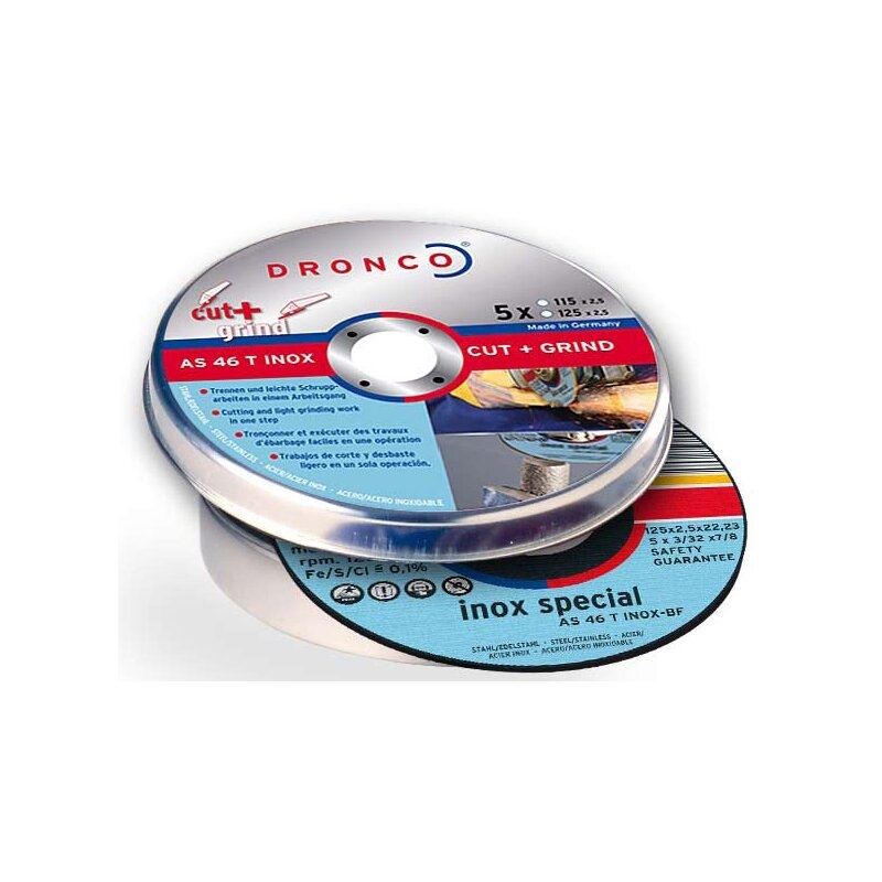 Pack de discos de corte AS 46 T INOX CUT+GRIND Special (5 uds. en caja metálica) Dronco