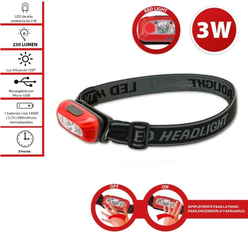 Linterna frontal LED recargable 230 lm con sensor manos libres VULCAN Velamp