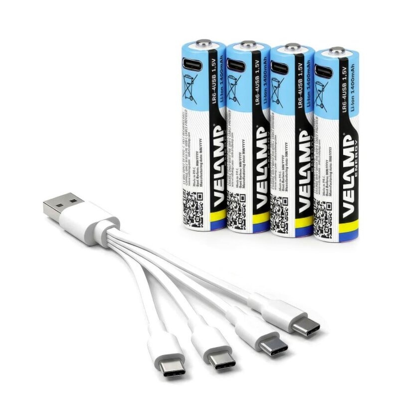 Pack de 4 pilas AA litio recargables USB-C 1400 mAh Velamp