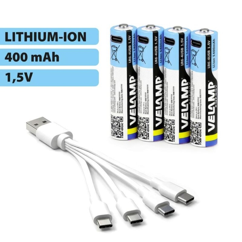 Pack de 4 pilas AA litio recargables USB-C 1400 mAh Velamp