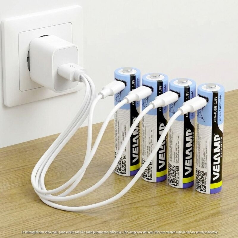 Pack de 4 pilas AA litio recargables USB-C 1400 mAh Velamp