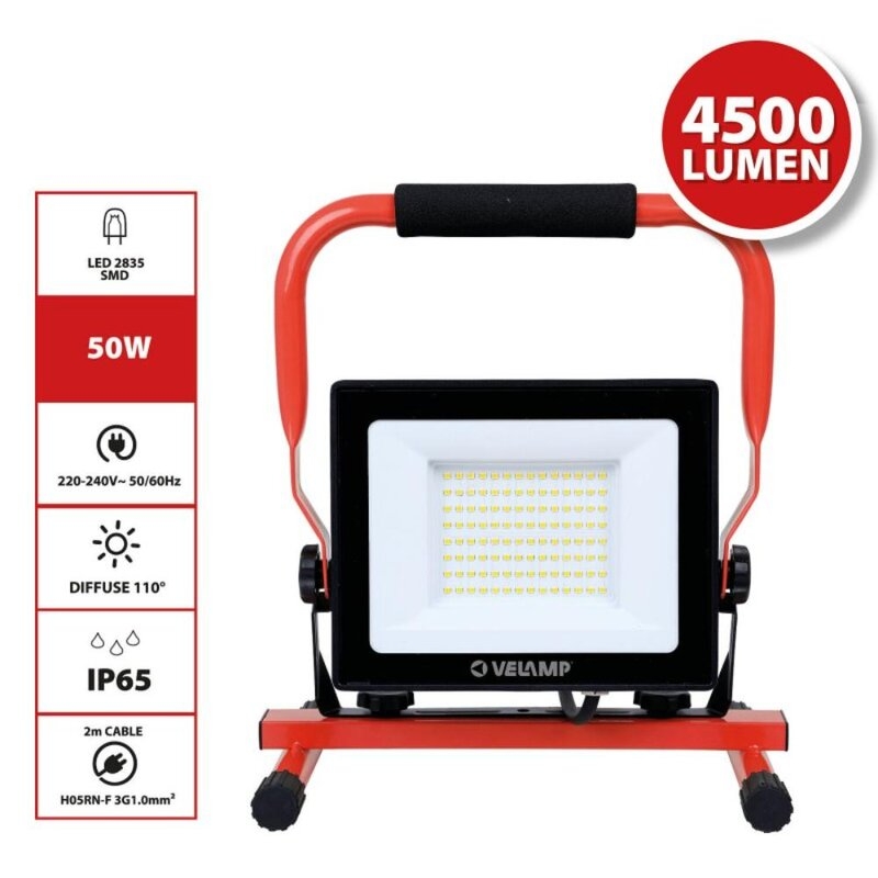 Luz de trabajo LED SMD WAINGRO 50W con soporte de tierra y cable de 2m IP65 Velamp