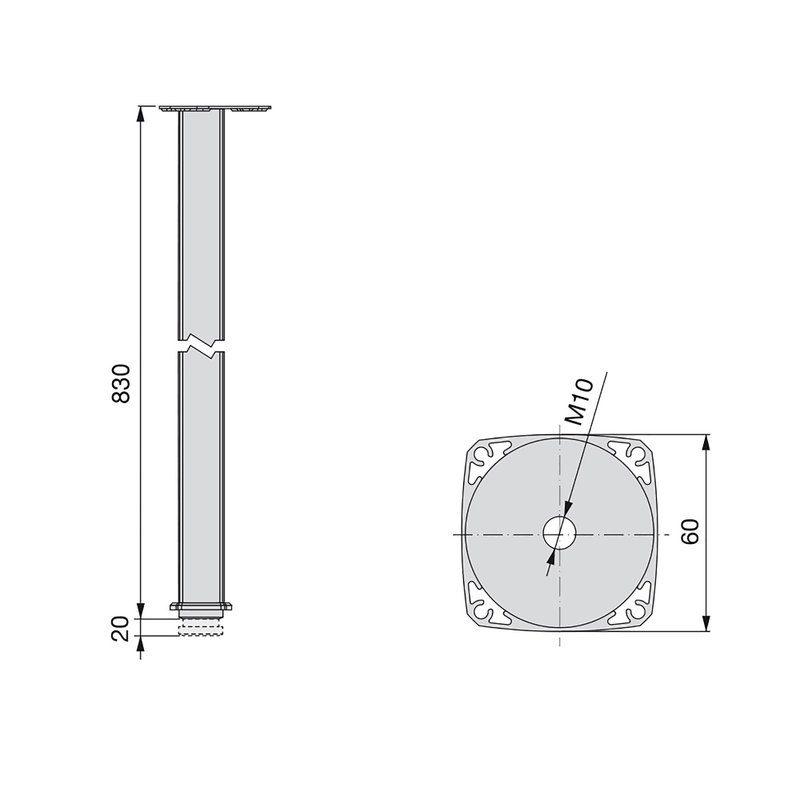 Emuca Pata regulable para mesa Fitwid, 830, Anodizado mate, Aluminio, 1 ud.
