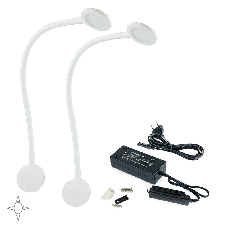 Emuca Aplique LED Kuma redondo, brazo flexible, sensor táctil, 2 USB, Luz blanca natural, Plástico, Blanco, 2 ud.