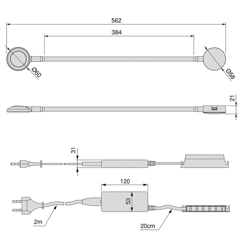 Emuca Aplique LED Kuma redondo, brazo flexible, sensor táctil, 2 USB, Luz blanca natural, Plástico, Blanco, 2 ud.