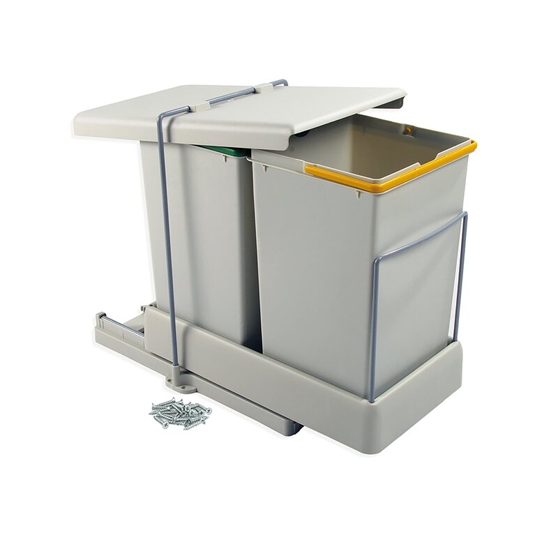 Emuca Contenedor de reciclaje de fijación inferior y extracción automática con 2 vasos de 14 litros, Plástico gris, 1 ud.