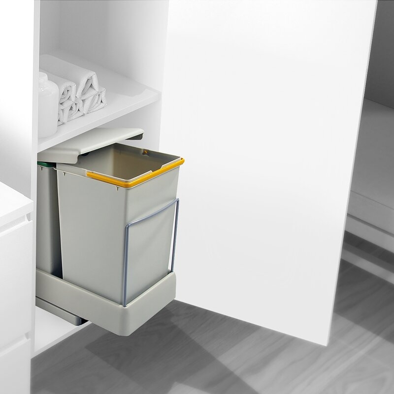 Emuca Contenedor de reciclaje de fijación inferior y extracción automática con 2 vasos de 14 litros, Plástico gris, 1 ud.