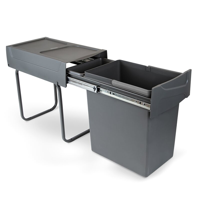 Emuca Contenedor de reciclaje Recycle de 20 L para cocina, fijación inferior y extracción manual., Plástico gris antracita, 1 ud.
