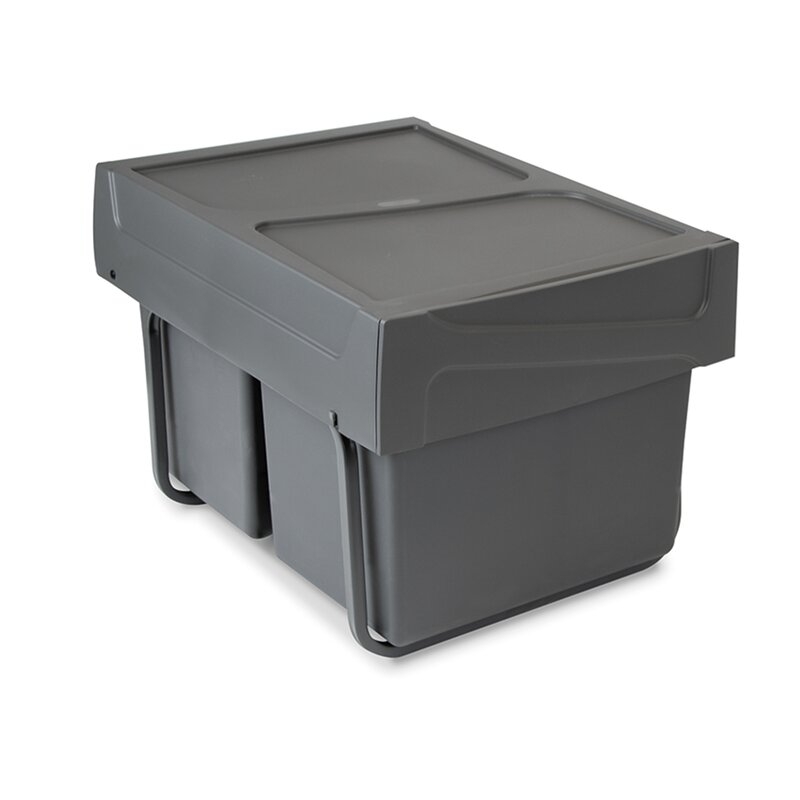 Emuca Contenedores de reciclaje para cocina, 2 x 15 L, fijación inferior y extracción manual., Plástico gris antracita, 1 ud.