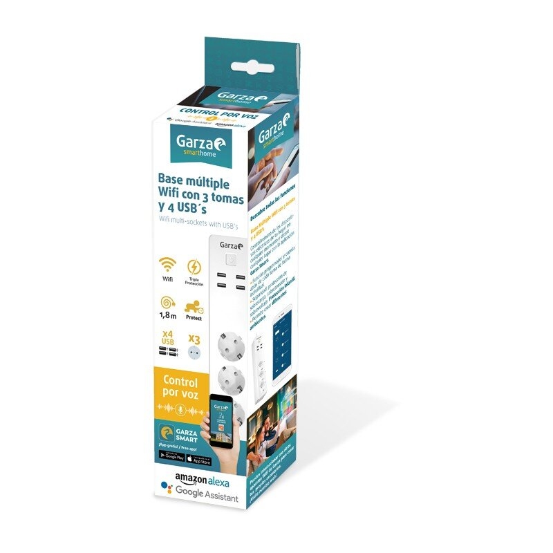Garza ® Smarthome - Regleta múltiple Wifi con 4 tomas y 3 puertos USB
