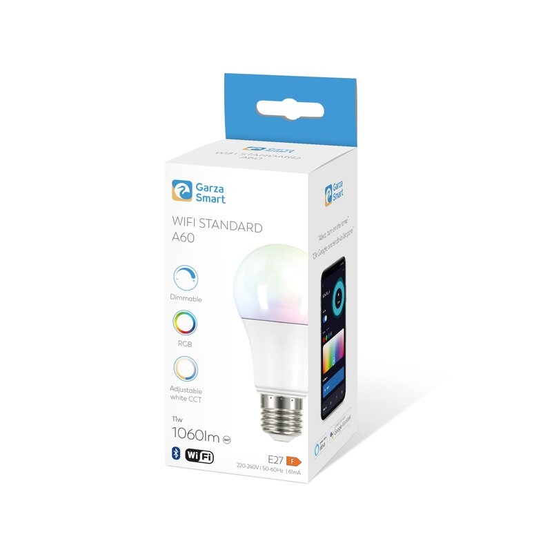 Garza ® Smarthome - Bombilla LED Estandar Intelegente Wifi E27, luz blanca neutra regulable con cambio de intensidad, temperatura y color.
