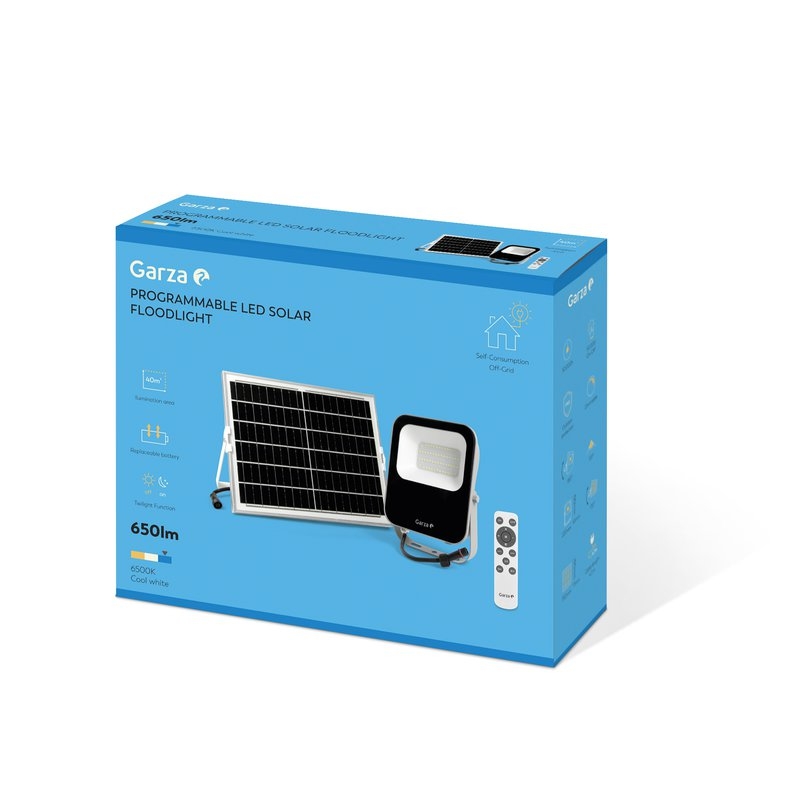 Foco Solar con Sensor Crepuscular GARZA Led con mando 30W , 650 lúmenes, presentado en caja