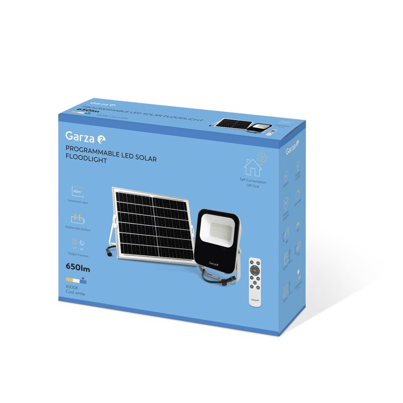 Foco Solar con Sensor Crepuscular GARZA Led con mando 30W , 650 lúmenes, presentado en caja