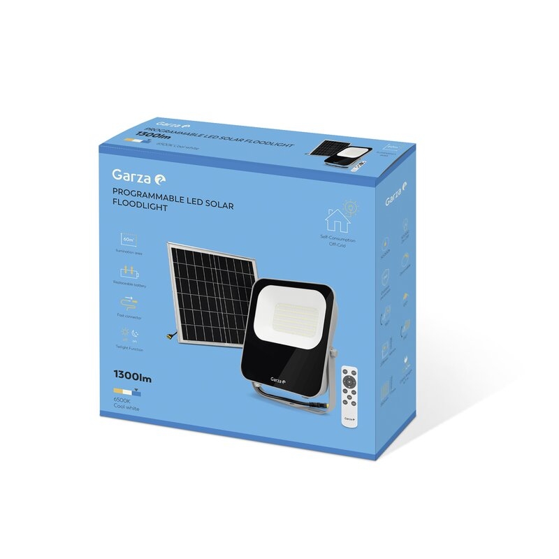 Foco Solar con Sensor Crepuscular GARZA Led con mando 60W, 1300 lúmenes, presentado en caja