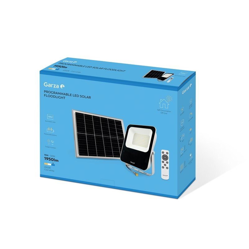 Foco Solar con Sensor Crepuscular GARZA Led con mando 120W, 1950 lúmenes, presentado en caja