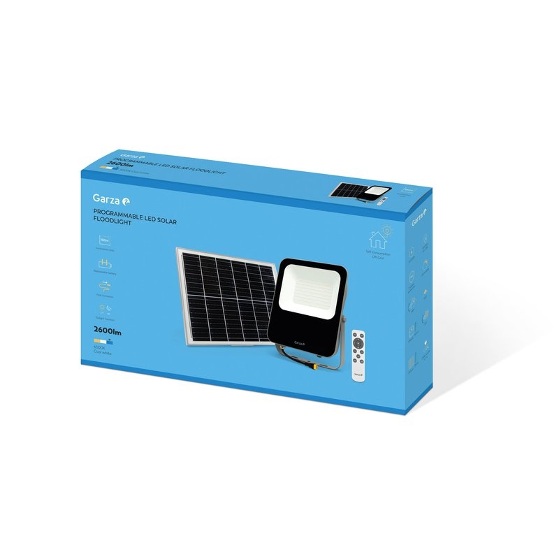 Foco Solar con Sensor Crepuscular GARZA Led con mando 200W, 2600 lúmenes, presentado en caja