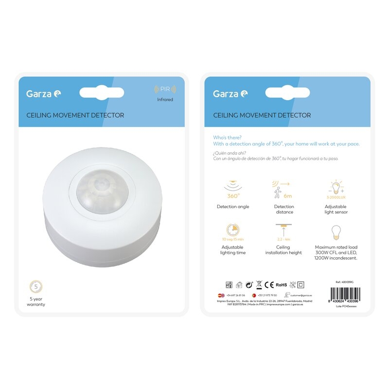 Detector de movimiento infrarrojo Garza de techo 360º