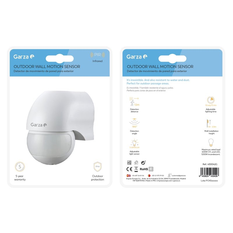 Detector de movimiento infrarrojo Garza de exterior para pared, con ángulo de detección 180º