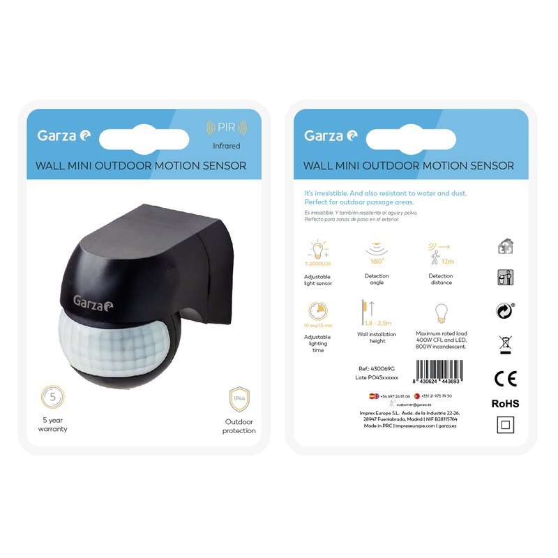 Detector de movimiento infrarrojo Garza de exterior para pared, con ángulo de detección 180º