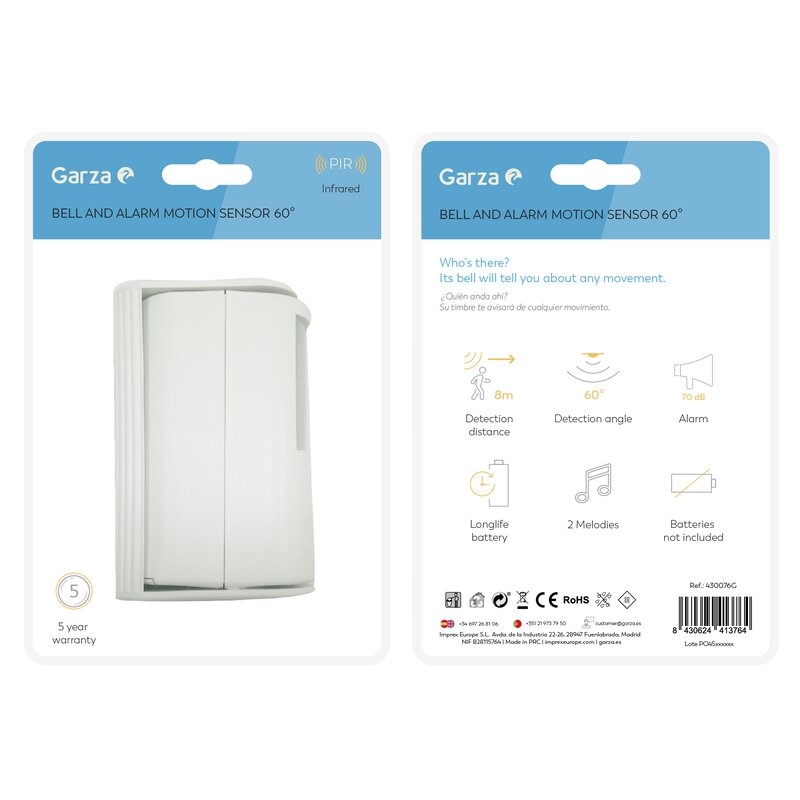 Detector de movimiento infrarrojo Garza con timbre y alarma, ángulo de detección de 160º